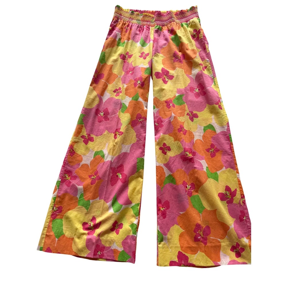 Lilly Pulitzer Floral Wide Leg Smocked Waist Pants Pink Orange‎ Yellow XS 75527